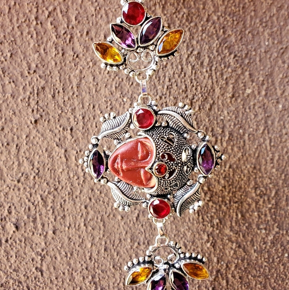 New Carved Goddess Face Multi Gemstone 925 Bracelet. - Picture 11 of 16